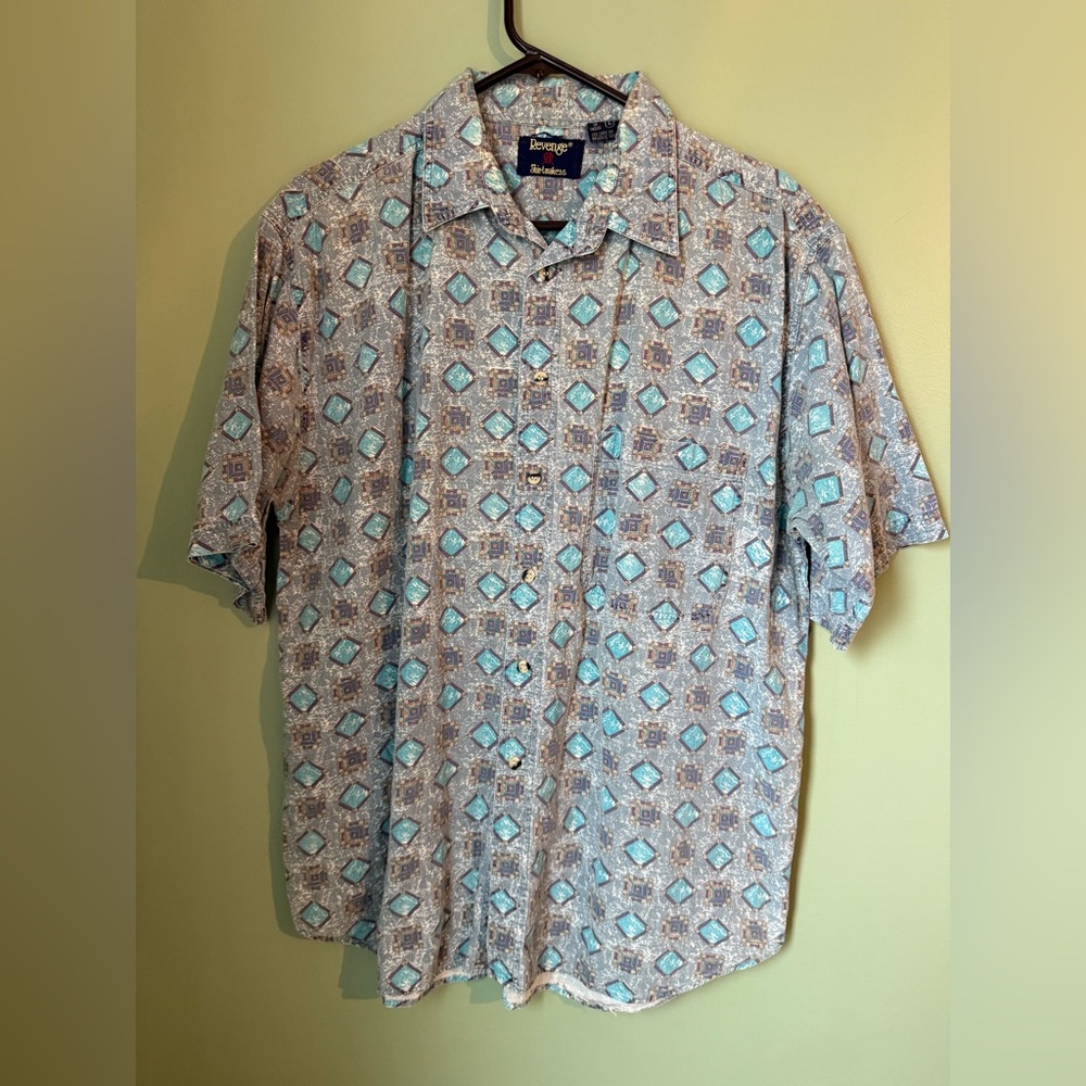 Vintage 90s Revenge Shirtmakers Mens L Button Down Abstract Printed Blue Purple